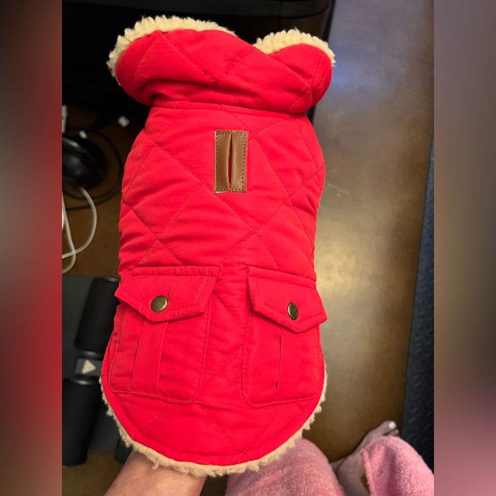 Red Quilted Dog Jacket with Faux Fur Trim